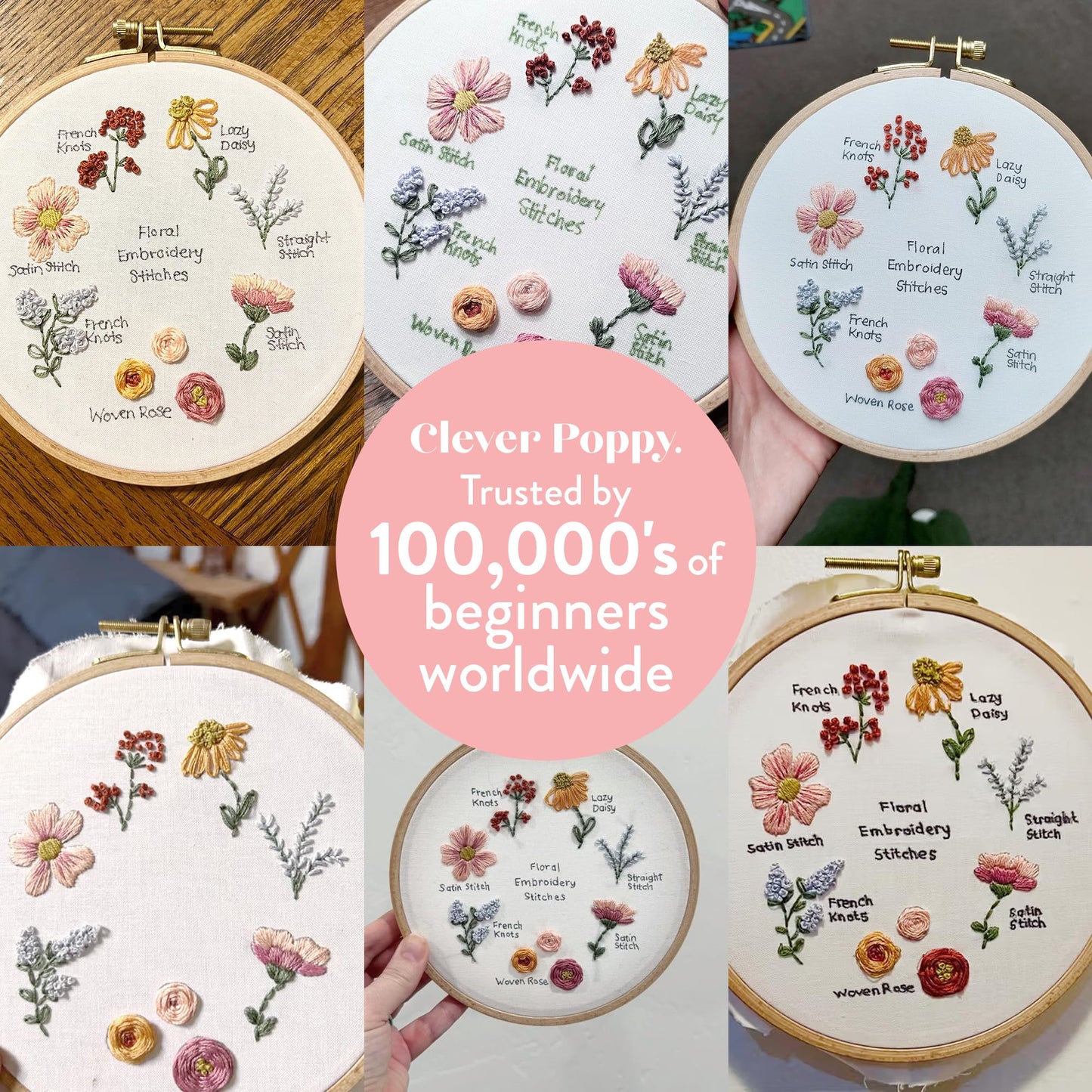 Clever Poppy Floral Stitch Sampler Beginner Embroidery Kit – Easy Embroidery Kit for Beginners with Hoop, Thread & Patterns – Hand Embroidery Kit for Adults and Teens – Complete Embroidery Starter Kit