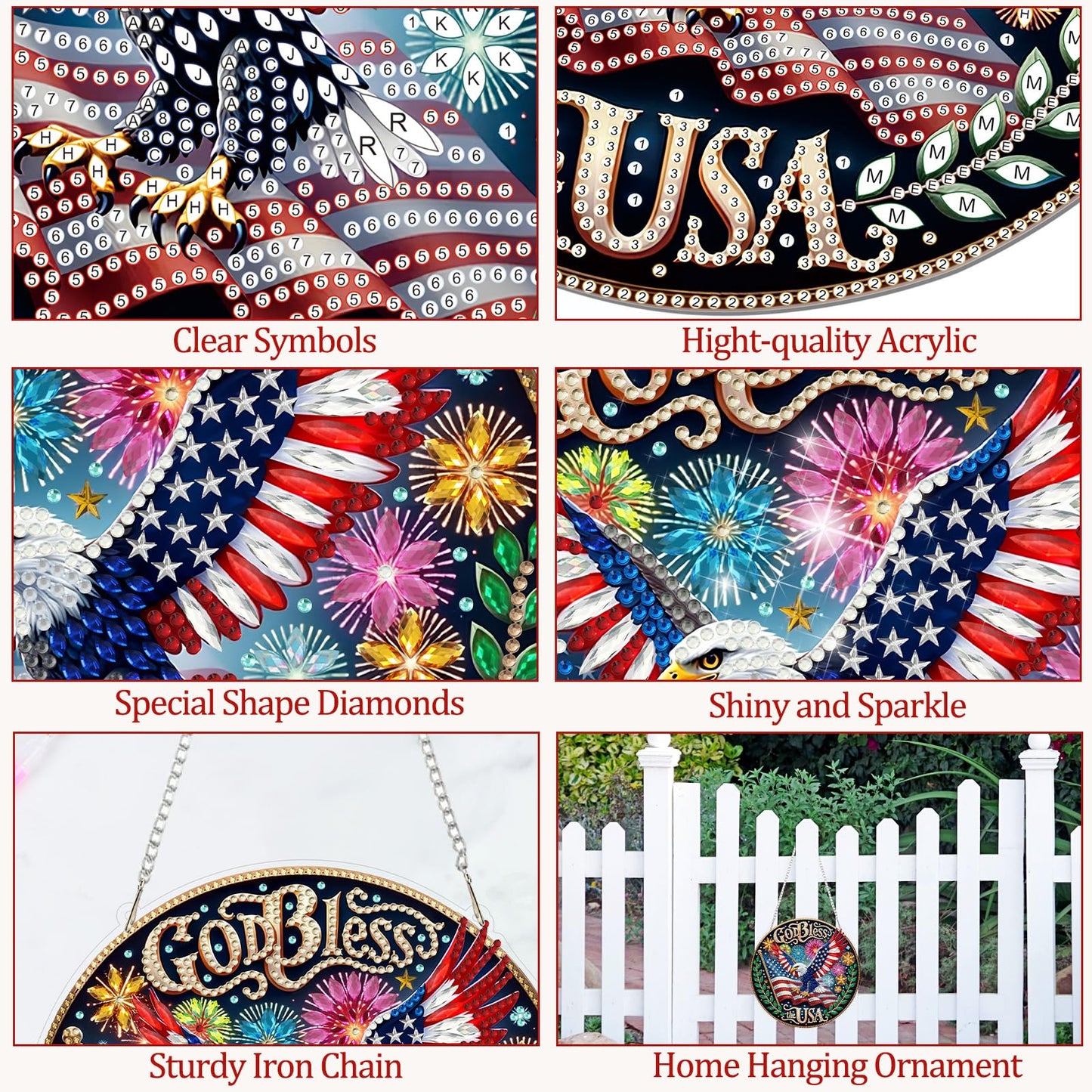CEOVR Bald Eagle Hanging Diamond Art for Adults, Independence Day Diamond Painting Pendant American Flag DIY Gem Art Wall Ornament, Acrylic Home Garden Decor with Chain, Box Kit 7.79×7.77inch