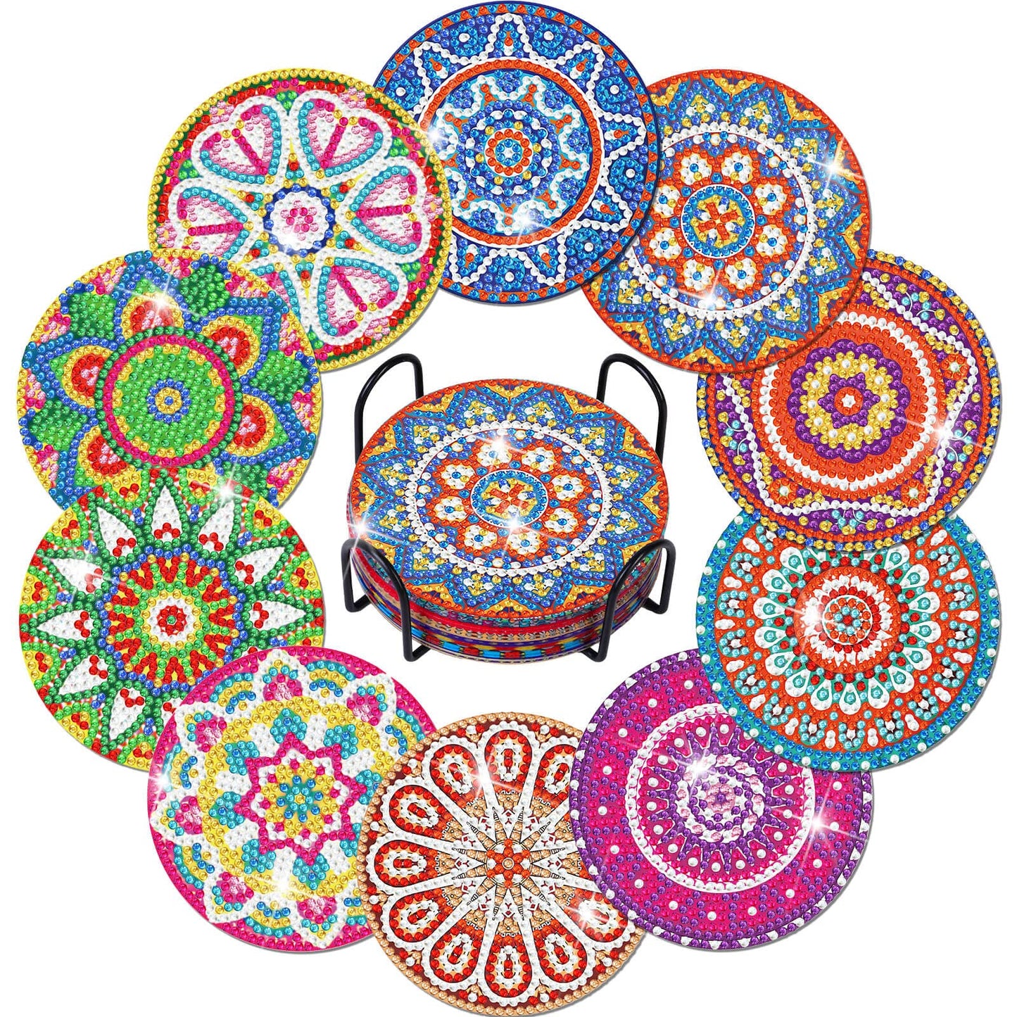 Billbotk Diamond Painting Coasters Kit, 10 Pieces Mandala Diamond Art Coasters with Holder, DIY Diamond Arts and Crafts for Adults