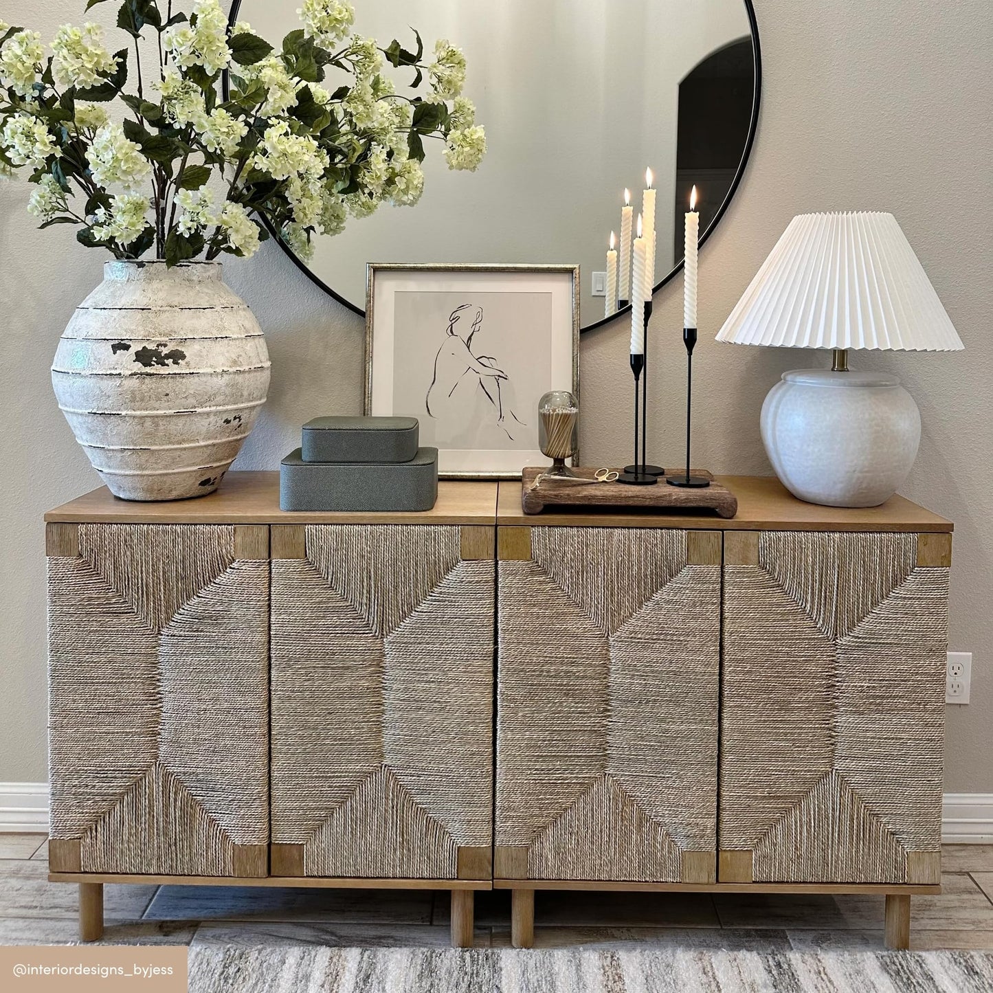 Nathan James Beacon Accent Natural Sideboard Storage Cabinet TV Stand in Light Wood with Adjustable Interior Shelf and Seagrass Doors, for Hallway, Entryway or Dining Room, Light Brown, Set of 2