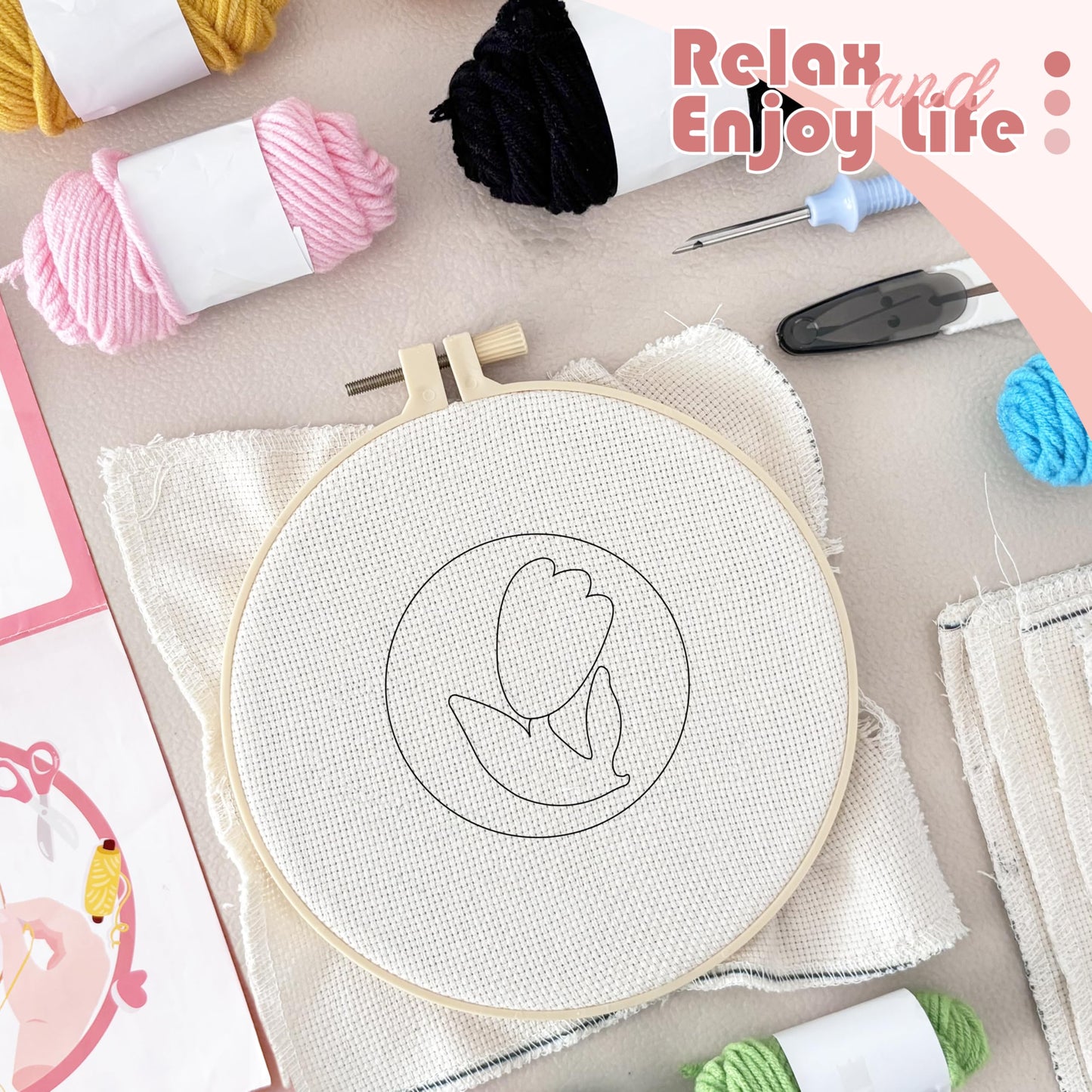 SEREDH Punch Needle Kit for Beginners Adults Easy Needle Punch Embroidery Tool Set Including Threader Instruction Fabric Hoop Yarn Coaster DIY Making Kit Supplies,Set of 8 Flora Art Crafts Gifts