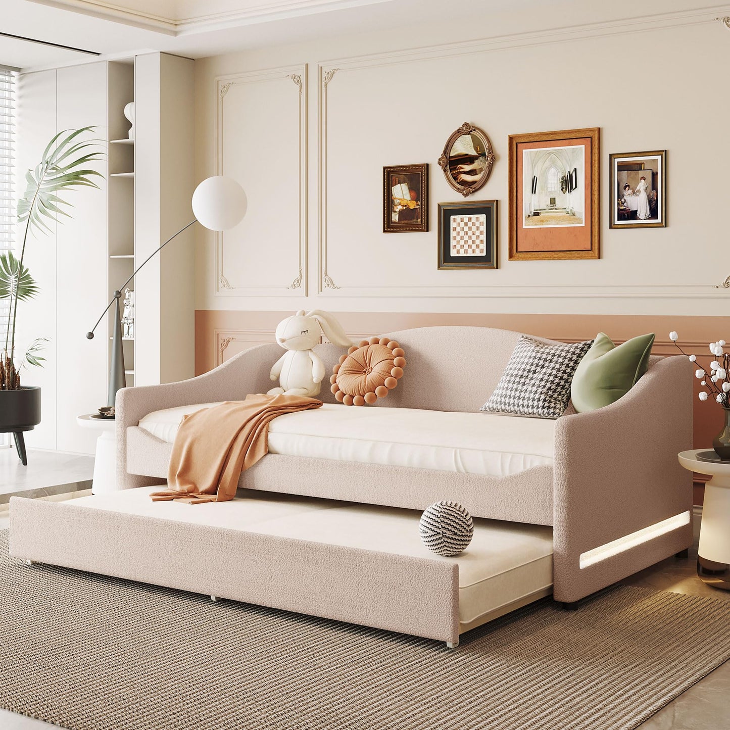 Twin Size Teddy Fleece Upholstered Daybed with Trundle and LED Lights, Daybed Frame with Stripe Design, Soft Fabric Sofa Bed with Slat Support, Space Saving Bed for Bedroom Living Room, White