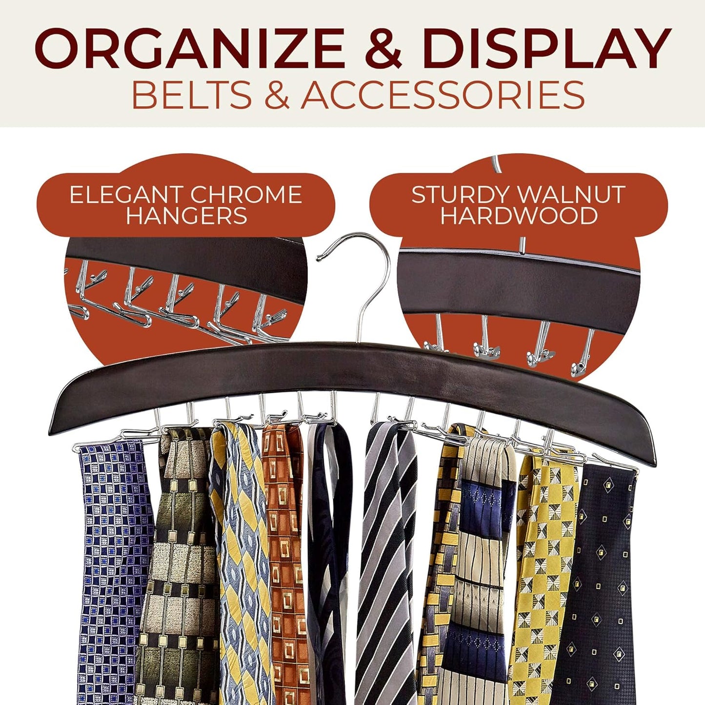 Richards Wooden Tie Rack, Hanging Organizer for Men's Closet Accessories, Holds 24 Ties, Walnut Wood