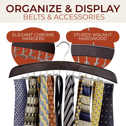 Richards Wooden Tie Rack, Hanging Organizer for Men's Closet Accessories, Holds 24 Ties, Walnut Wood