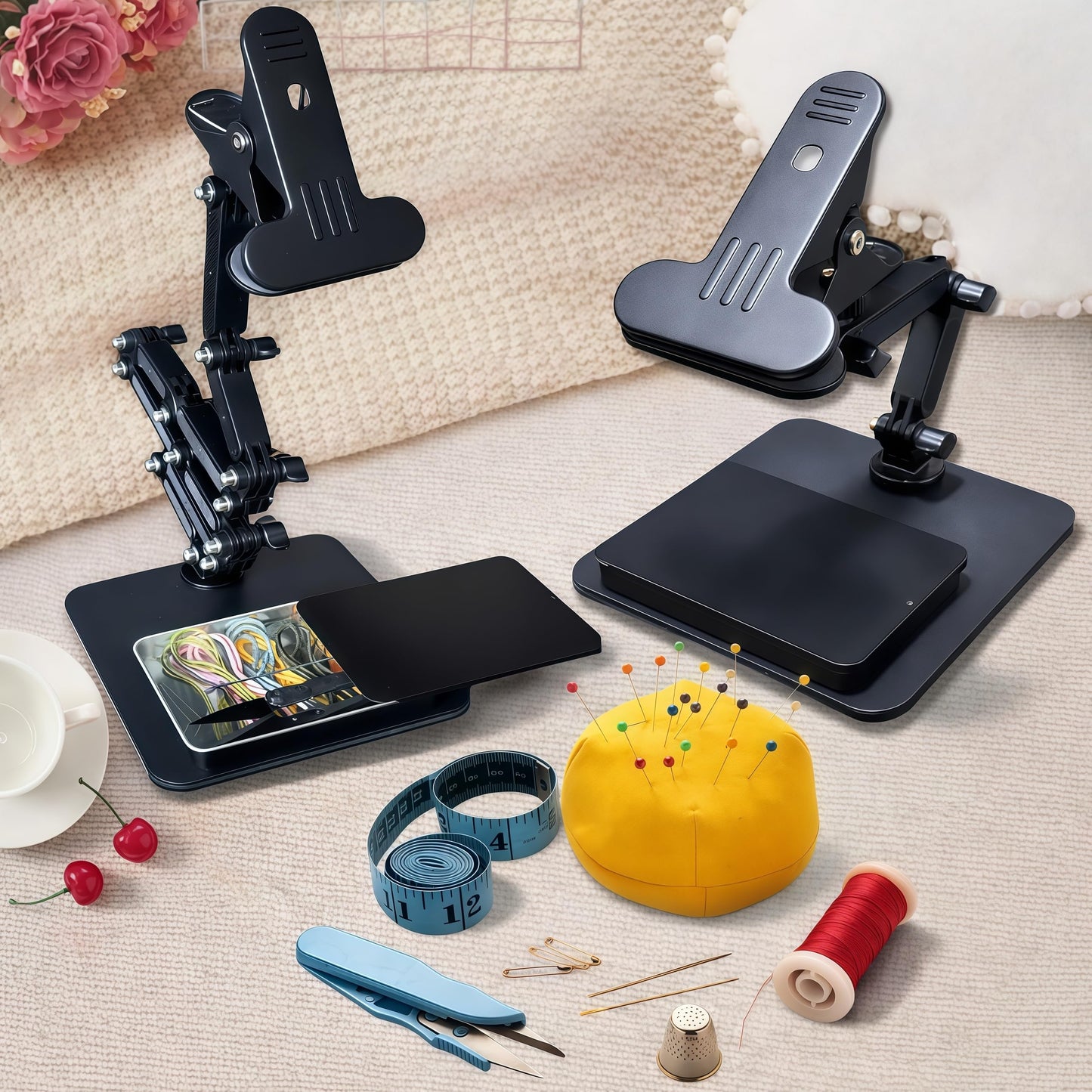 OWFCCLA Embroidery Hoop Holder Stand for Cross Stitch - Adjustable Lap & Table Stand with Weighted Metal Base & Storage Organizer - Hands Free Foldable Embroidery Stand for Floor, Sitting & Tabletop.