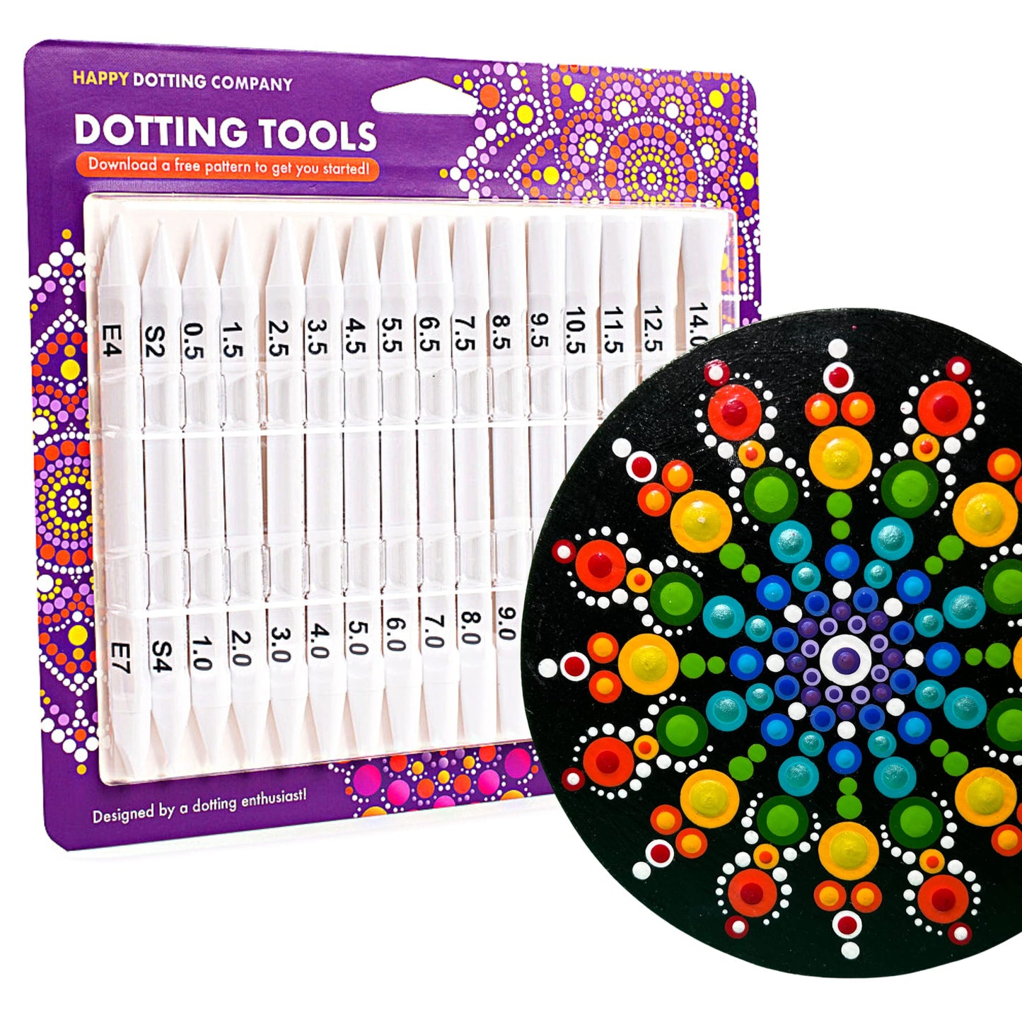 Happy Dotting Company Tools for Painting Mandalas - Patented 16pc Premium Double Ended - 28 Easy Read Sizes Plus Stylus & Ellipse Tools, Anti-Roll Grip for Rock Painting, Nail Art, Pottery and Canvas