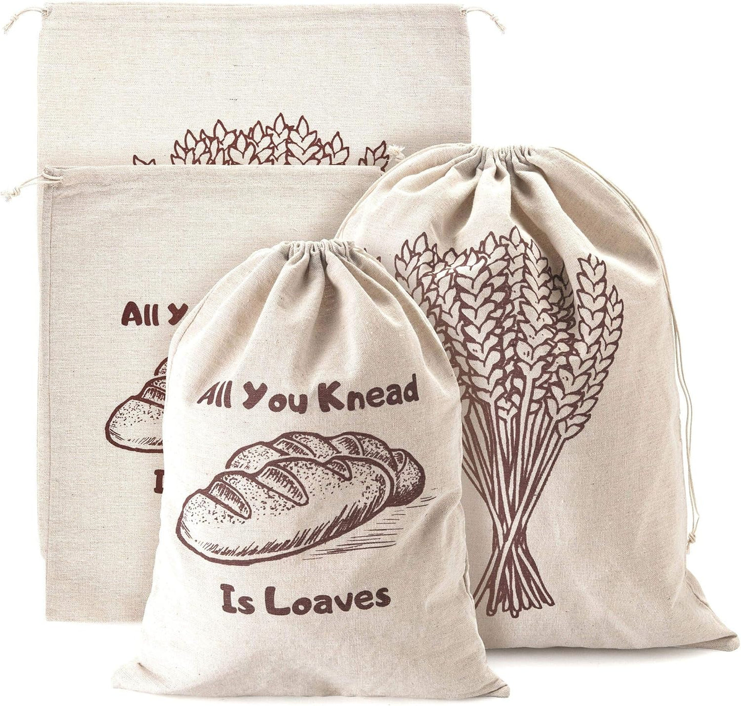 Linen Bread Bags, Pack of 4 Large and Extra Large Reusable Drawstring Bags for Homemade Artisan Bread Storage