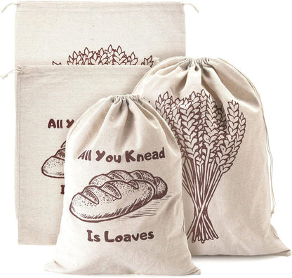 Linen Bread Bags, Pack of 4 Large and Extra Large Reusable Drawstring Bags for Homemade Artisan Bread Storage