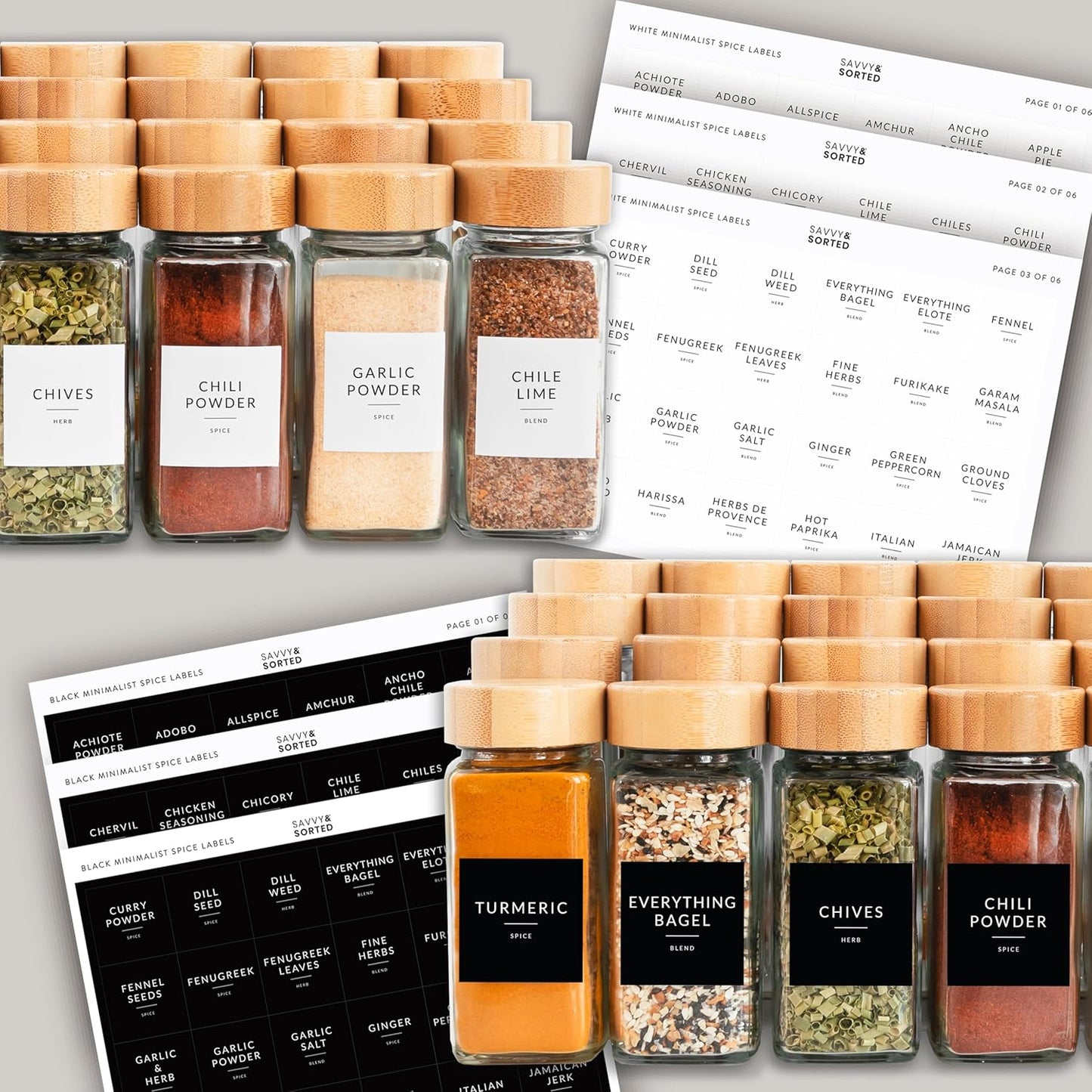 24PK Set 4oz, 374 SAVVY & SORTED Glass Spice Jars with Label, Bamboo Jar Spices Spice Labels, Pepper Grinder, Empty