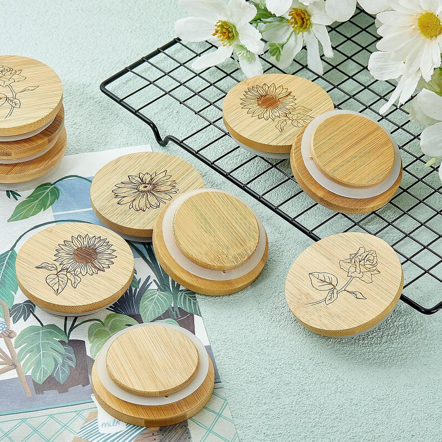 12 Set Gueevin Pieces Yogurt Jar Lids Bulk Bamboo Wooden Lids Compatible with Oui Yogurt Jars Round Reusable