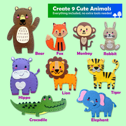 Sii Pikki Sewing Kit for Kids – 9 Easy Projects Cute Safari Animals, Beginner Sewing Kit with Felt & Instructions, Kids Sewing Kit Ages 6-12, Learn to Sew Arts & Crafts for Kids, Gift for Girls Boys