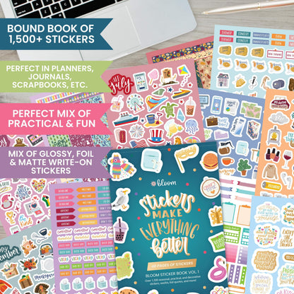 bloom daily planners 40 Page Mega Planner Sticker Pack (1500+ Stickers) - 6” x 9” Bound Ultimate Variety Sticker Book with Foil - Seasons, Celebrations, Holidays, Food, Travel, Quotes & More - Vol. 1