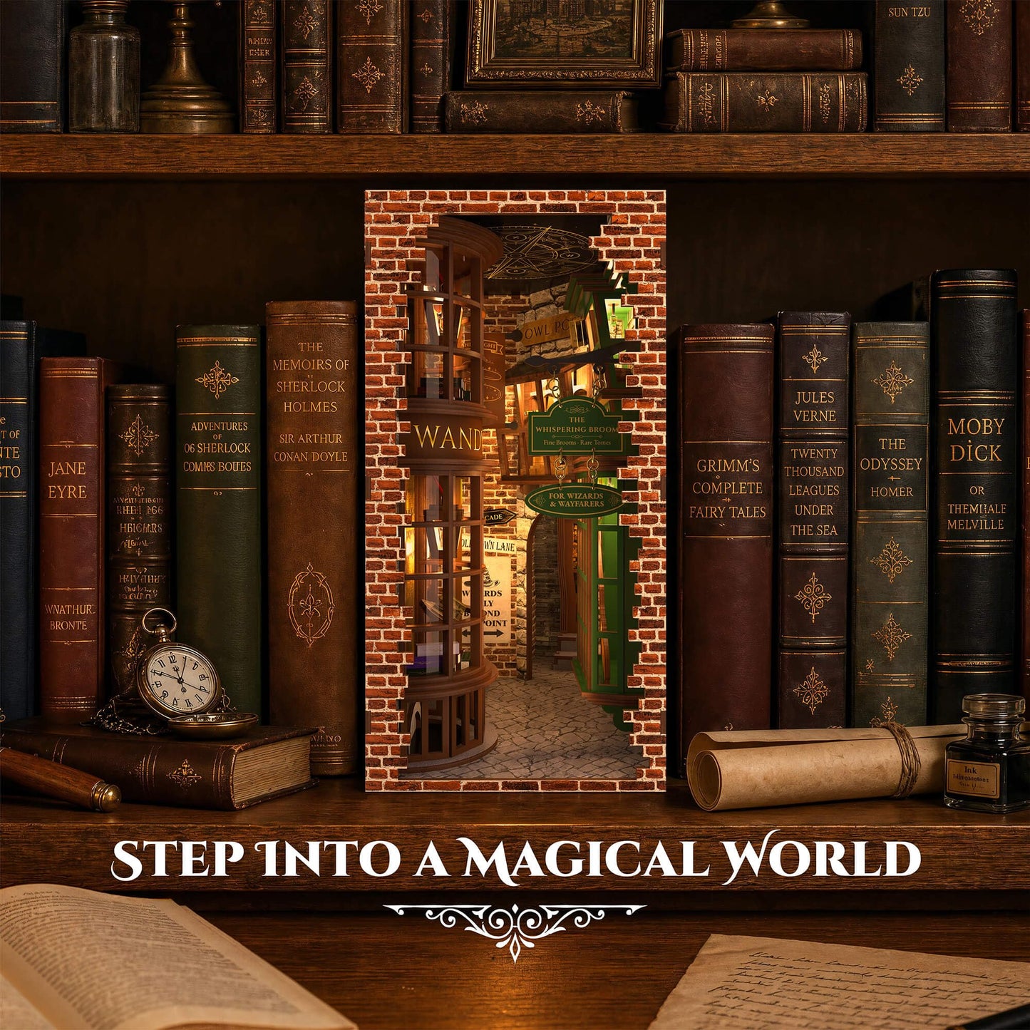 Magic Alley Book Nook Kit Miniature DIY House 3D Wooden Building Puzzle with Layered LED Lighting for Adults, Craft Gift Ideas for Fantasy Book Lovers Crafters