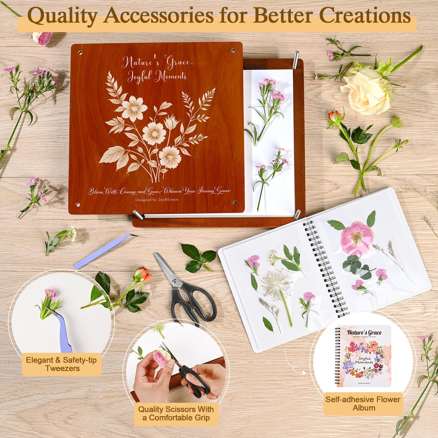 Joy&Grace Large Flower Press Kit for Adults with Designed Cover and DIY Album, 10.9" x 10.9" 10 Layers Plant Press and Plant Drying Toolkit, Flower Preservation Kit (Color Box, Mahogany Color)