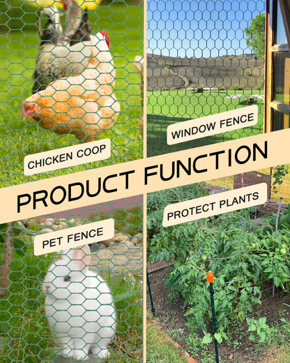 Chicken Wire 15.7in x 118in with a Pair of Gloves，1 Wire Cutter，50 Pcs Cable Zip Ties, Floral Chicken Wire Mesh 0.8in Hexagonal Galvanized PVC Coated Garden Netting Fence for Craft Poultry Garden