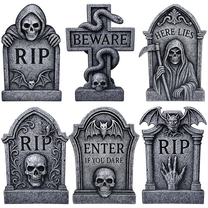 6 Pack Halloween Yard Signs Tombstone Set – 15 x 10 Inch Large Plastic Graveyard Decorations with Stakes, RIP Skull and Skeleton Tombstones for Lawn, Outdoor Haunted House and Party Decor