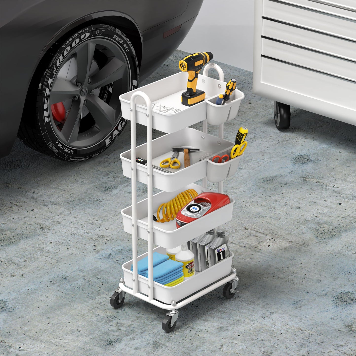 Simple Houseware 4-Tier Multifunctional Rolling Utility Cart with Hanging Buckets, White