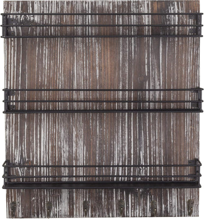 MyGift 3 Tier Black Metal Wire Kitchen Spice Rack Organizer with Torched Wood Wall Mount and 6 Hooks, Seasoning Jars and Hanging Cooking Utensil Rack