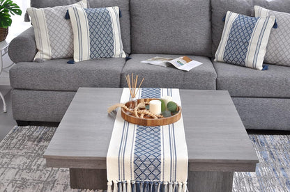 14 72 Inches, Boho Table Runner with Tassel x Blue & Cream, Woven Washable Dresser Scarf and Topper for Bedroom