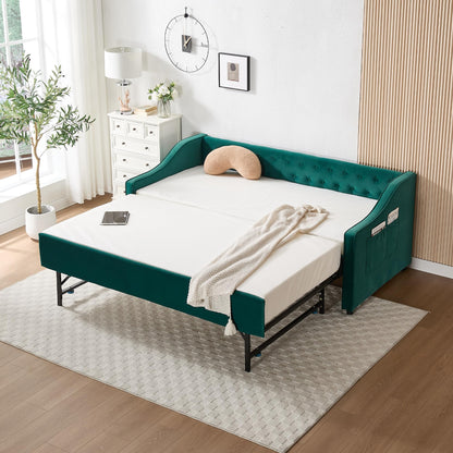 DNYN Button Tufted Design Daybed with Pop-up Trundle & USB Ports for Bedroom Guest Room, Space-Saving Twin Size Velvet Sofabed Frame with Side Storage Pockets, No Box Spring Needed/Easy Assemble