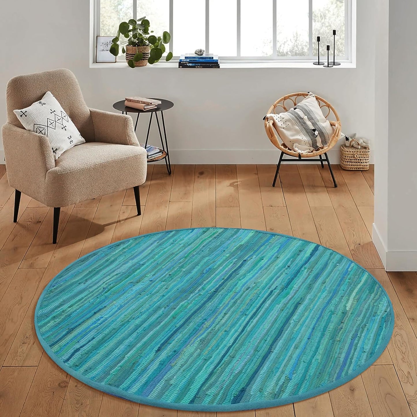 THE BEER VALLEY Hand Woven Area Rug - 4' Round Teal, Farmhouse Green Rugs for Bedroom, Bathroom, Living Room