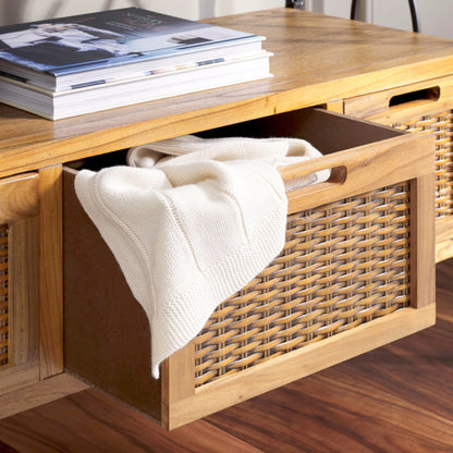 SAFAVIEH Home Collection – Joshua Oak Brown 3-Drawer Console Table with Shelf, Wicker Front Storage Drawers, Farmhouse-Inspired Accent Console for Entryway or Living Room (AMH6532C)