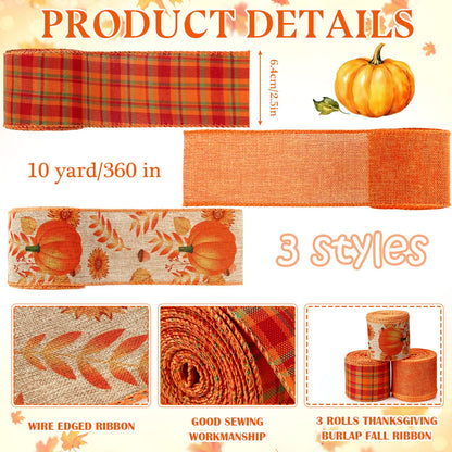 Riceshoot 3 Rolls Thanksgiving Pumpkin Wired Ribbons 2.5 Inch x 30 Yards Fall Pumpkin Buffalo Plaid Ribbon Autumn Harvest Crafts for Wreaths Bow Making Supplies Gifts Wrapping Decoration
