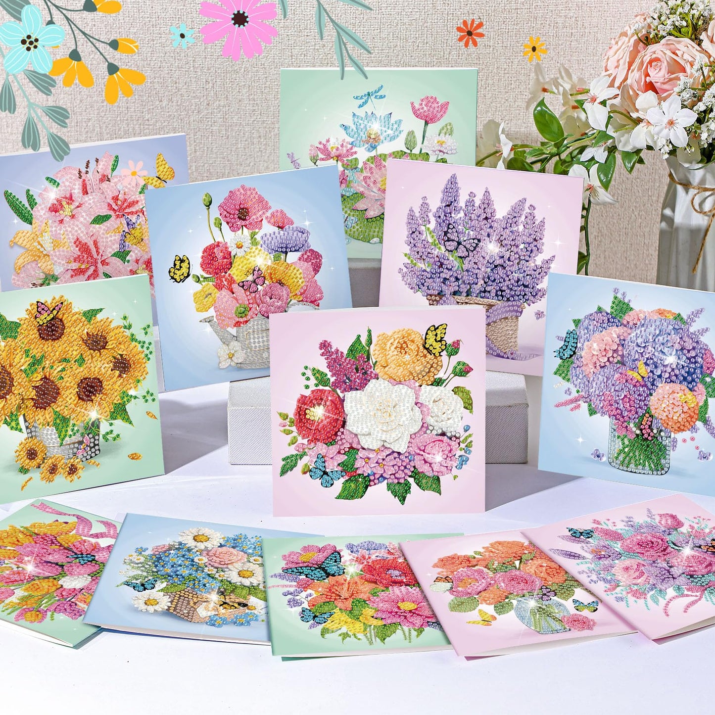Saillong 12 Pack Flower Diamond Painting Greeting Card Kits DIY Pastel Floral Diamond Art Cards with Envelopes Flower 5D Rhinestones Paint Card for Adults DIY Craft Family Friend Birthday Gifts