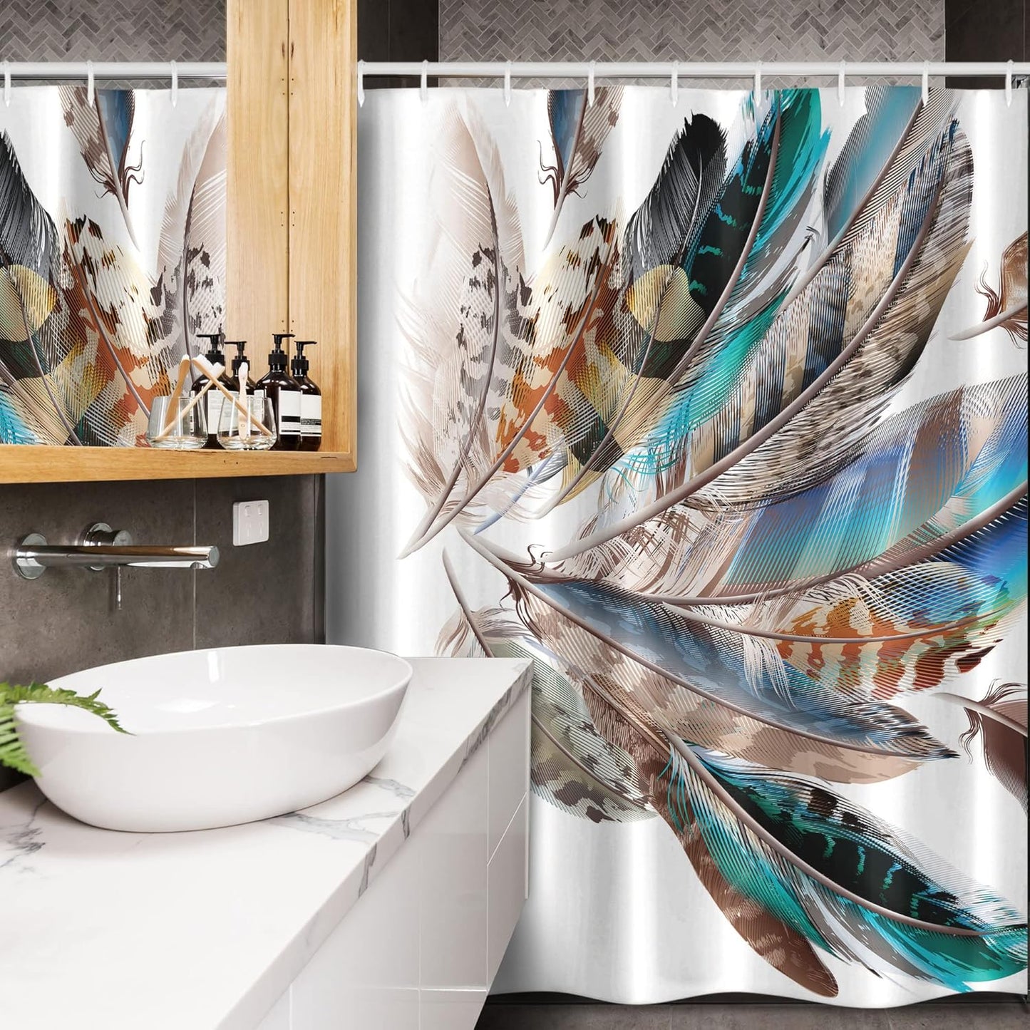 Ambesonne Feathers Stall Shower Curtain, Bird Feathers Print, Fabric Bathroom Decor Set, 54" X 78", Teal Brown