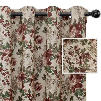 Easy-Going Floral Printed Blackout Curtain 84 Inch Length Grommet Thermal Insulated Room Darkening Window Curtain for Bedroom, Living Room, Kids Room (Set of 2 Panels, Beige)