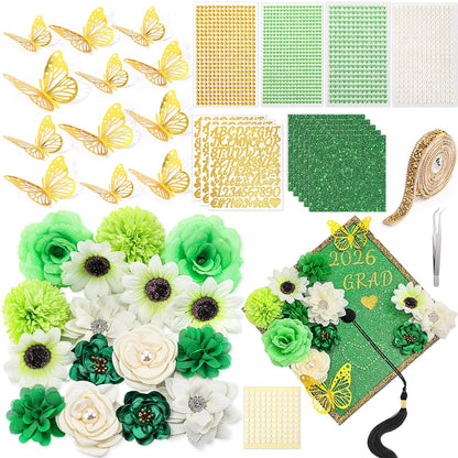 Wavwavw 43 PCS DIY Graduation Cap Decorations Kit, Grad Cap Decorations Included Faux Flowers 3D Butterfly Self Adhesive Rhinestones Stickers Alphabet Letter Stickers for 2026 Grad Party(Green)