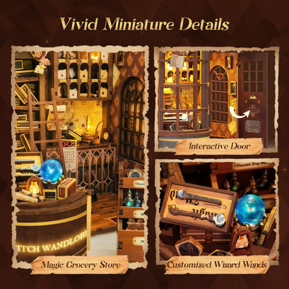 FUNPOLA 3D Wood Puzzle Wizard Wand Book Nook Kit - DIY Miniature Bookshelf Insert with LED Light - Creative Home Decor Gift for Display (Wizard Wand Shop)