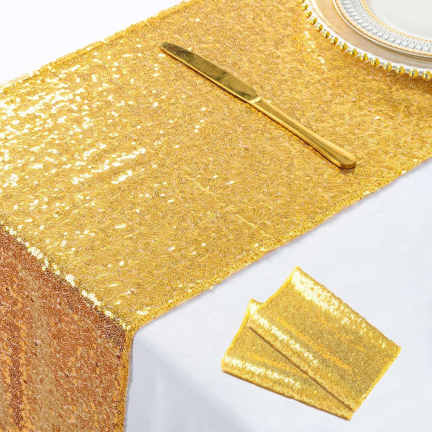 ShinyBeauty Gold Table Runners 2 Packs, 12inx108in Sequin Glitter Table Runner for Weddings, Fall Table Decor