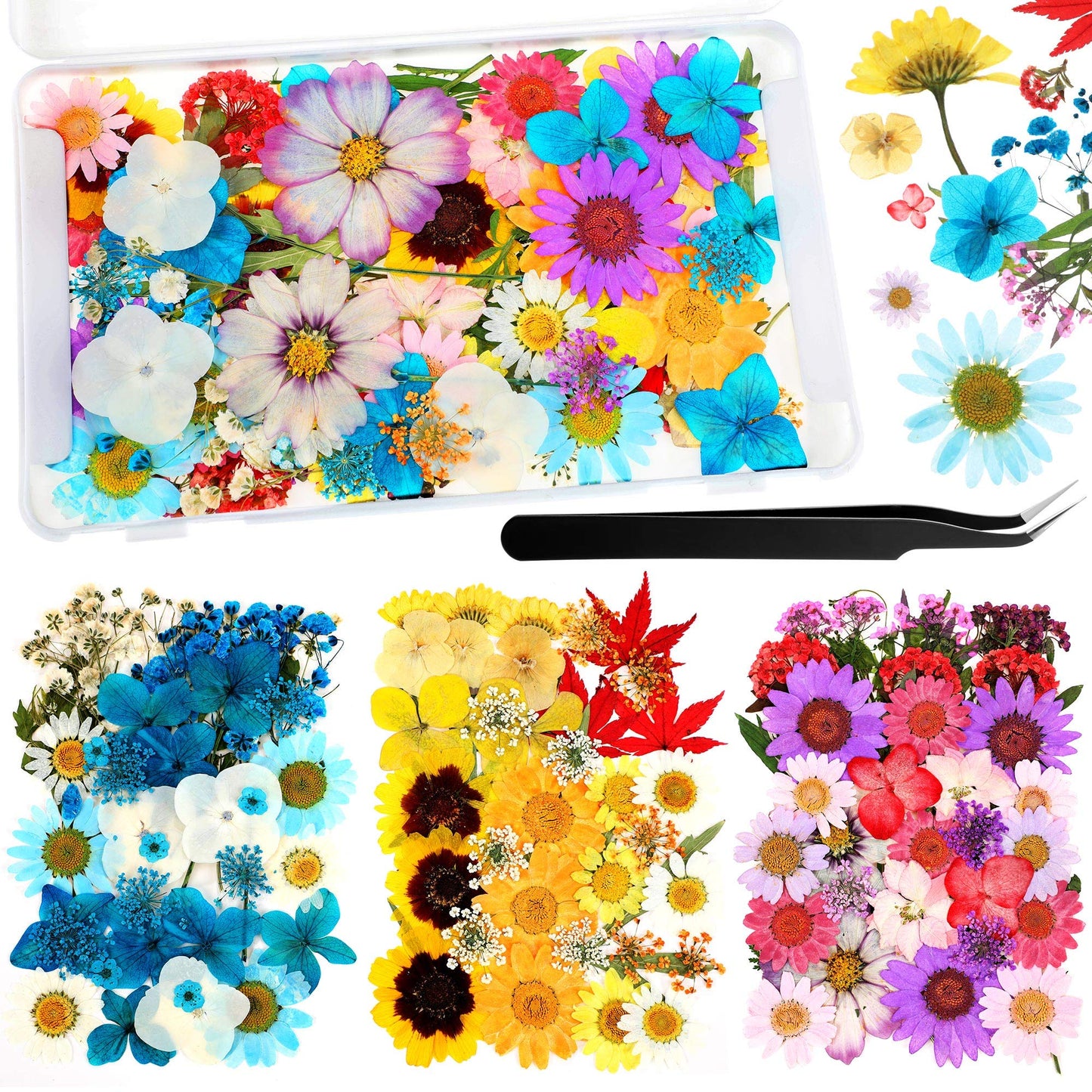 110 Pcs Dried Pressed Flowers for Resin, Real Dry Daisy Flowers and Leaves Bulk with Tweezers and Box Set, Art Crafts Resin Jewelry Making Scrapbook DIY Supplies Card, Soap, Candle Making, Nail Decor
