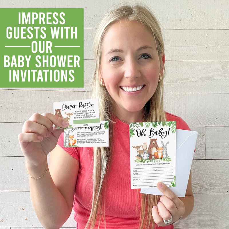 Hadley Designs Baby Shower Invitations for Girl -40 Baby Shower Invites for Boy with Diaper Raffle & Book Request Cards, Woodland Animals Gender Reveal Invitations Gender Neutral, Oh Baby!