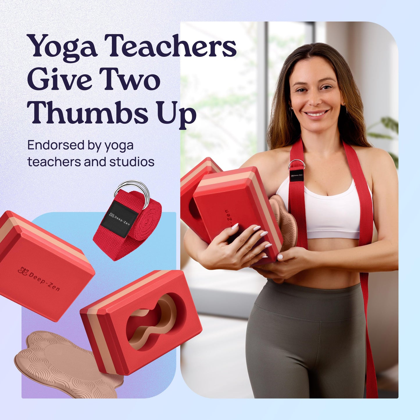 Deep-Zen® Yoga Blocks Wrist Support; Yoga Blocks 2 Pack with Knee Pads and Strap to Put Less Weight on Wrists; Durable, Versatile Yoga Brick Exercise Block Set, Blocks Yoga