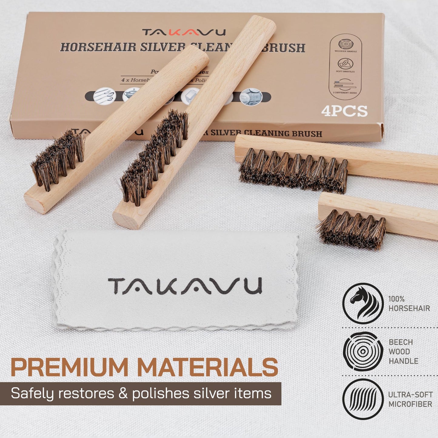 TAKAVU Horsehair Silver Brush Set of 4, Soft Detail Cleaning Brushes & Polishing Cloth, Non-Scratch Horsehair Brushes for Sterling Silver, Cutlery, Flatware, Jewelry & Antiques