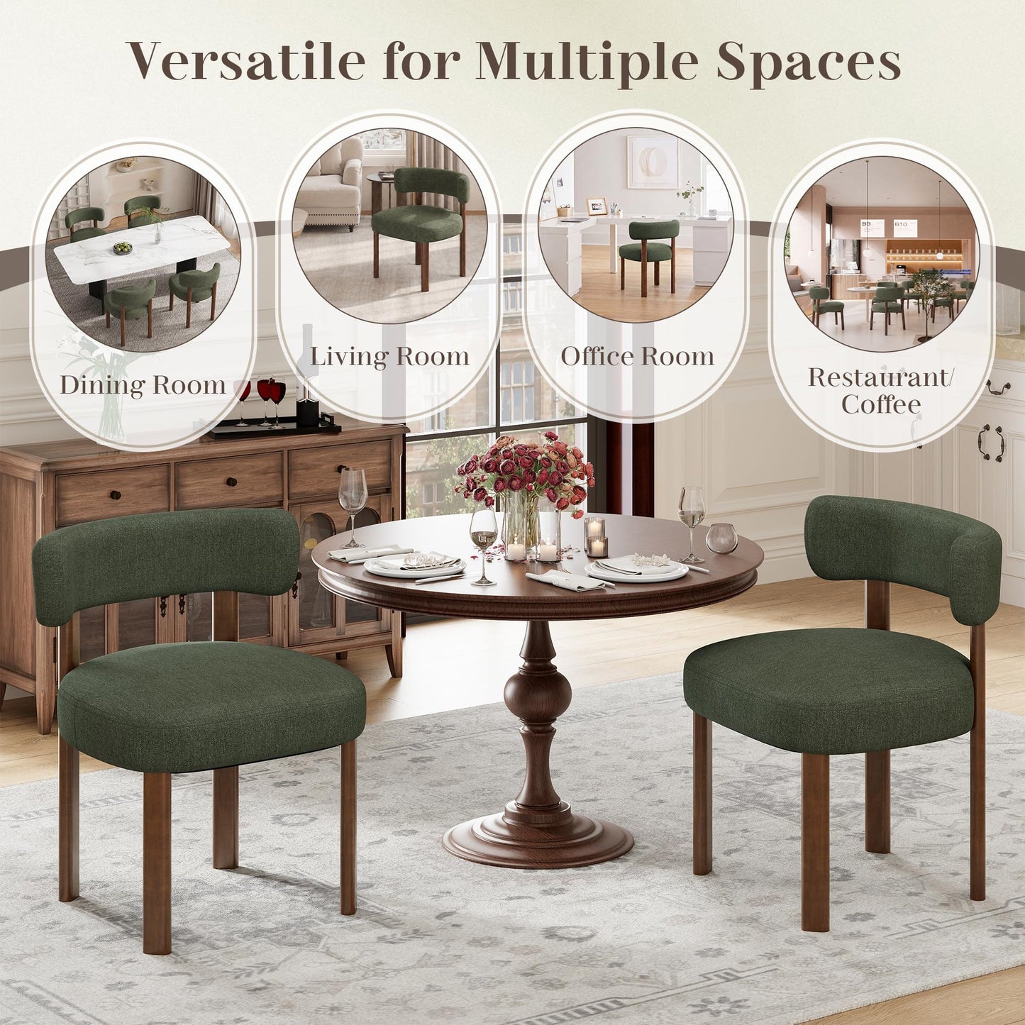 smartue Wooden Dining Chairs Set of 4, Upholstered Kitchen Chairs with Solid Wood Legs, Mid Century Dining Room Chair with Ergonomic Curved Backrest for Kitchen Dining Vanity, Green