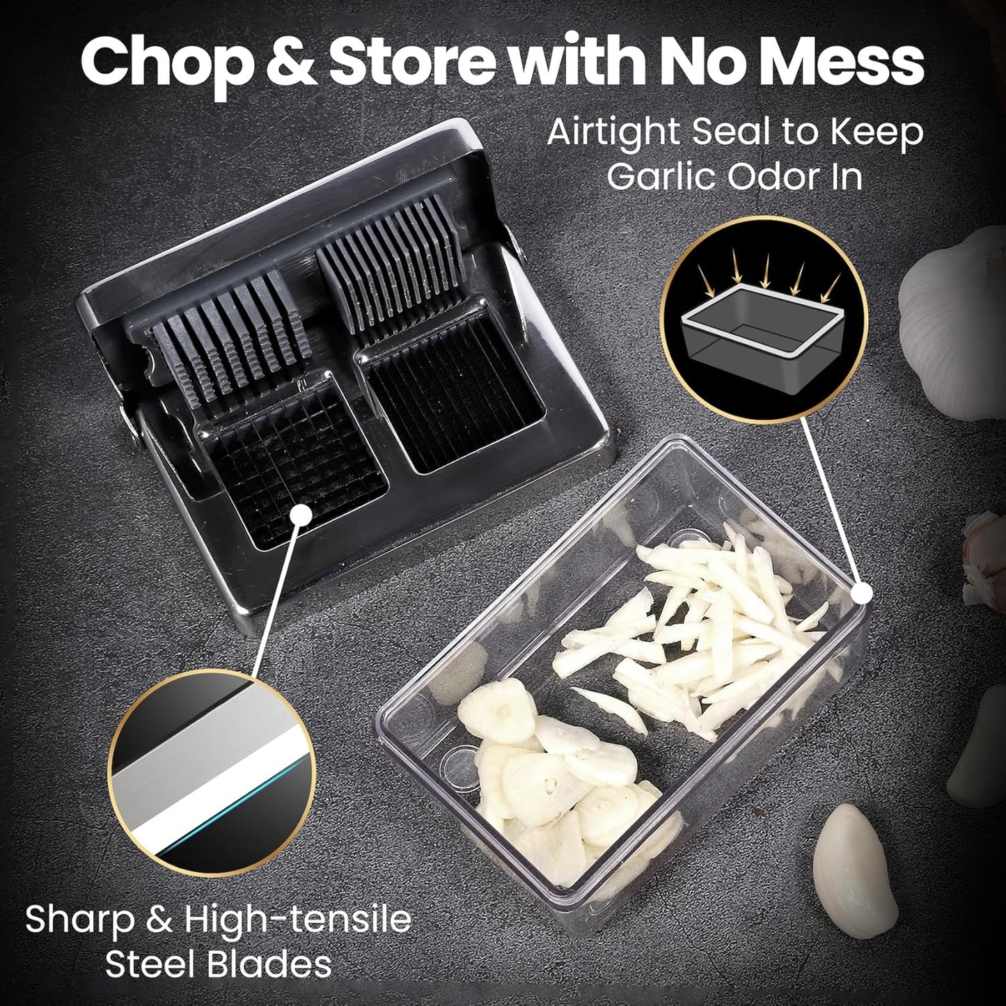 2 1, 5 Garlic Press Stainless Steel, Garlic Chopper Mini & Slicer Super Thin in Odor Free Ginger Dicer with Storage
