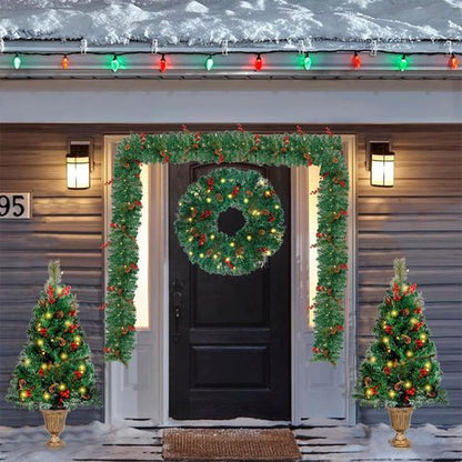Juegoal Christmas Decorations - 4-Piece Pre-Lit Artificial Entrance Trees Set with Wreath & Garlands | 8 Lighting Modes & Timer for Home Entryway Decor