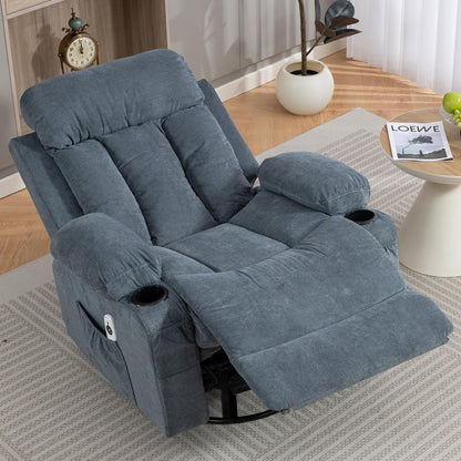 WiNVO 360° Swivel Rocking Chair, Rocker Recliner Chair with Vibration Massage and Heat, Ergonomic Lounge Chairs with Rocking Function and Side Pocket, Cup Holders, Blue