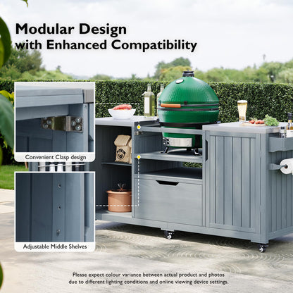 Merax Outdoor Grill Table for Big Green Egg Grills, 66.5" Patio Kitchen Island on Wheels with Stainless Steel Tabletop,Drawer and Spice Rack, Solid Wood Outdoor Storage Cabinet for Backyard, Grey Blue