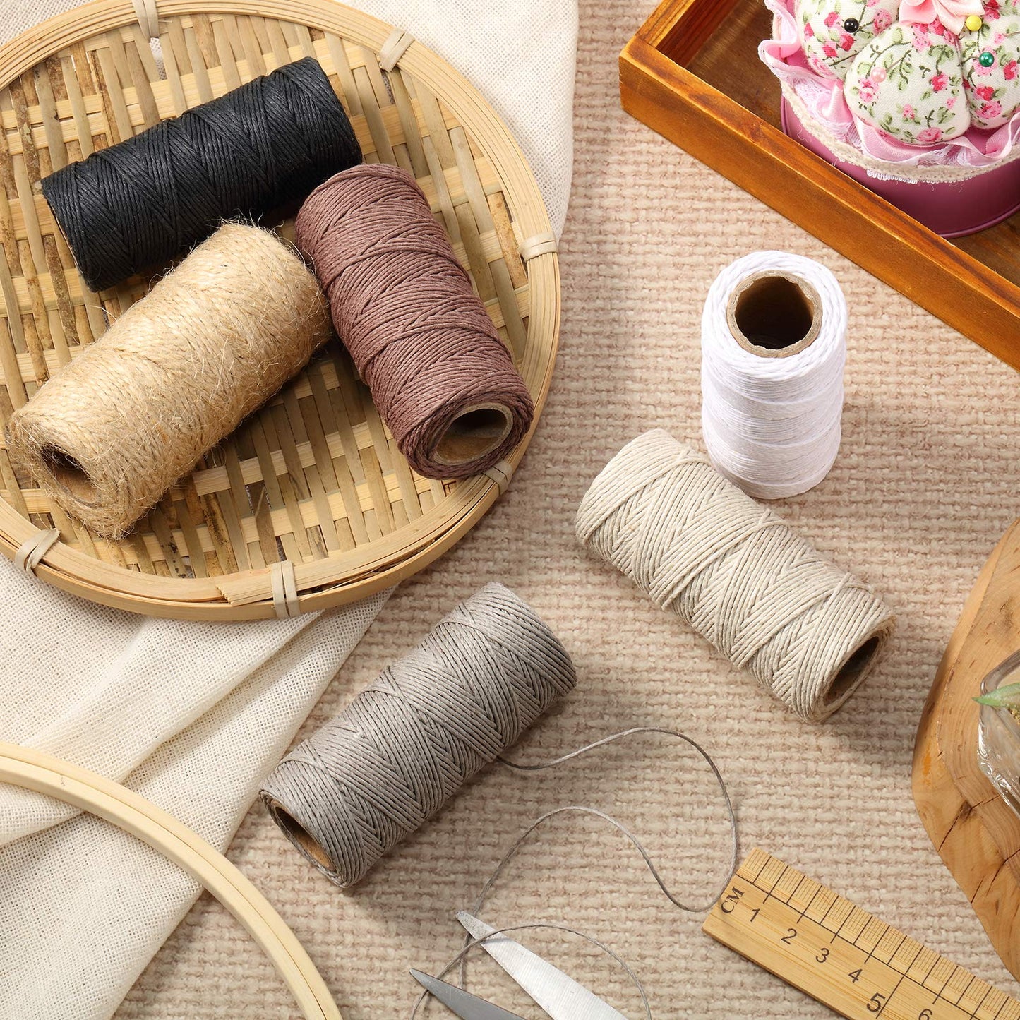 6 Rolls Thread Cord Set Flax String Cord Twine String Rope for Handmade Craft, Bracelets Keychains Making Accessories, 1 mm, 264 Yards in Total (Black, White, Dark Brown, Dark Gray, Khaki, Beige)