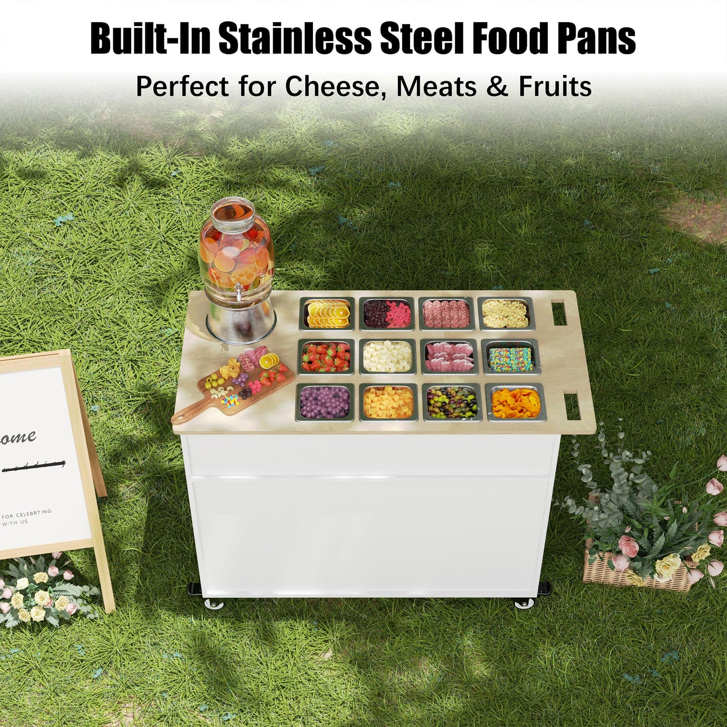 GDLF Charcuterie Cart with Stainless Steel Food Pans, Mobile Pizza Topping & Salad Bar Station, Buffet Serving Table for Home, Party & Catering