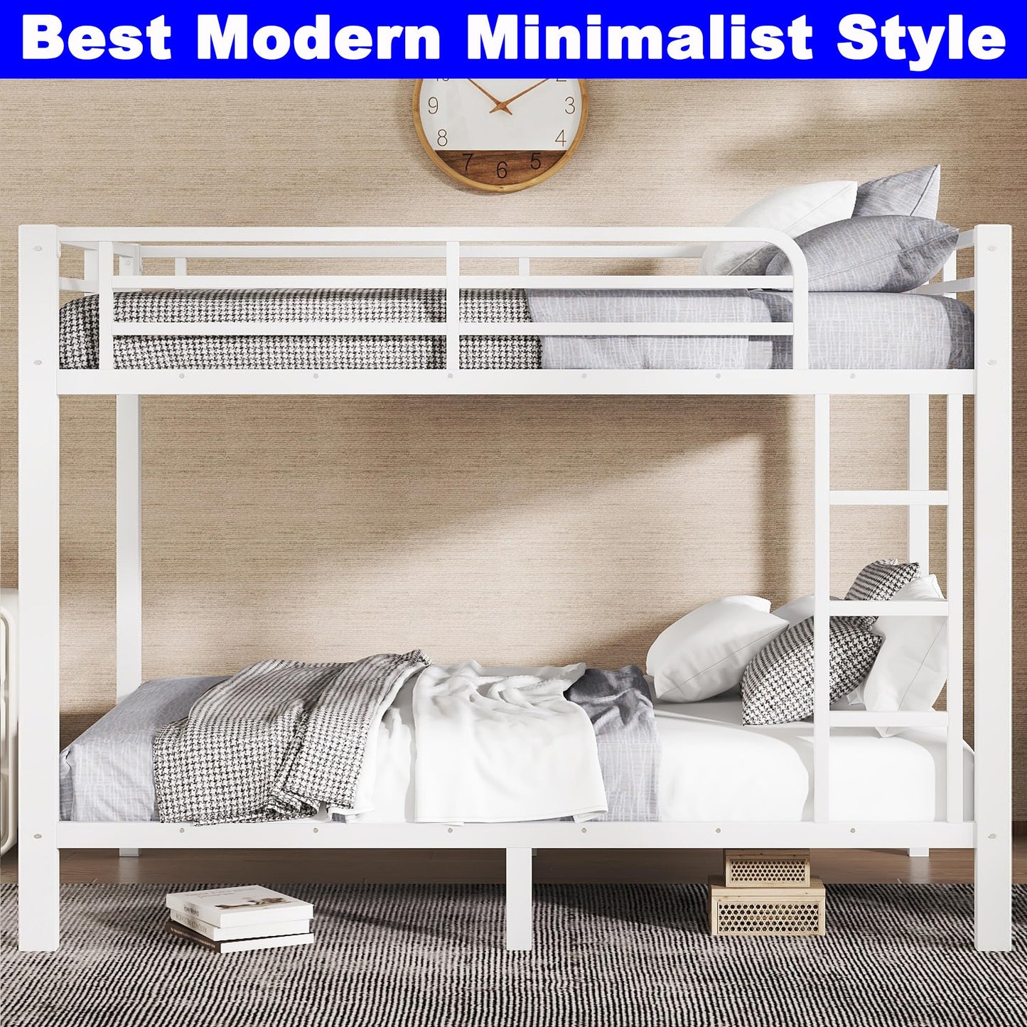 SIMPLEZC Upgraded Version Thickened Heavy-Duty Metal Full XL Over Full XL Bunk Bed, Higher Quality & Stronger Steel Bunk Bed Full XL Size with Ladder and Guard Rail for Adults (White,Full XL)