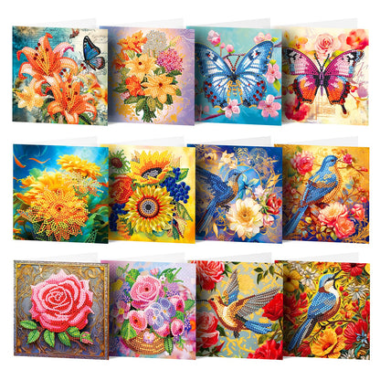 pigpigboss 12 Packs Flower Butterfly Diamond Painting Greeting Card Kit, Bird Diamond Art Birthday Cards with Envelope, Diamond Dots Thank You Card for Beginner Adult Birthday Holiday Blessing