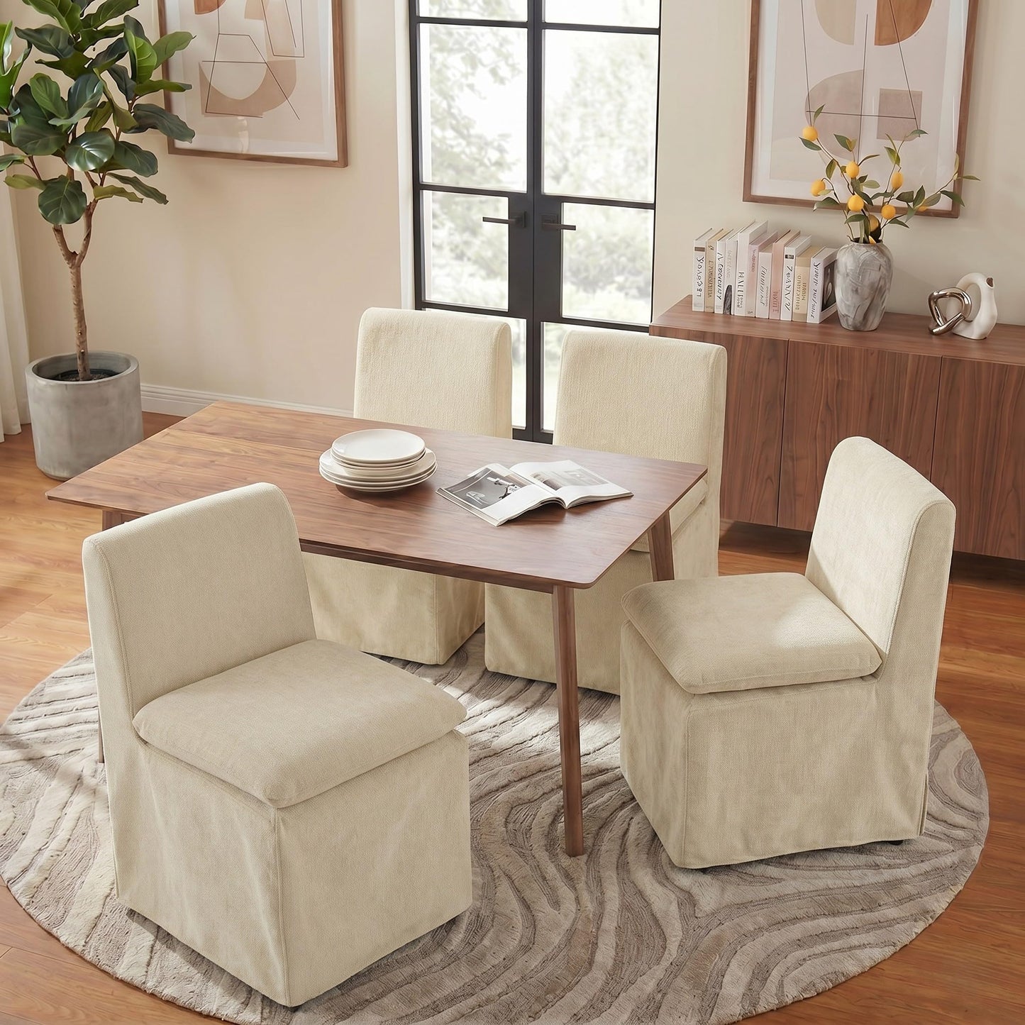 KISLOT Upholstered Dining Chairs Set of 4 with Casters, Modern Armless Kitchen Chairs with Removable Washable Cover, Chenille Velvet Fabric, Sturdy Metal & Wood Frame, 19.5" Seat Height, Sand