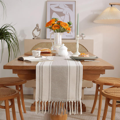 13 72 Inch Caflife Boho Table Runner Natural Stripe for Modern Farmhouse Coffee Table Decor, Rustic Woven Runner