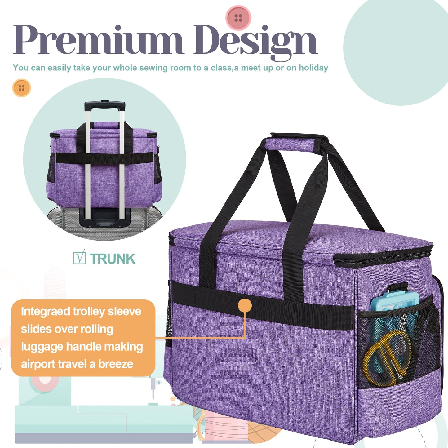 Golkcurx Sewing Machine Carrying Case with Removable Bottom Pad, Side Pocket for Sewing Kit Storage and Adjustable Shoulder Strap, Universal Sewing Machine Bag Fits Standard Singer, Brother, Janome