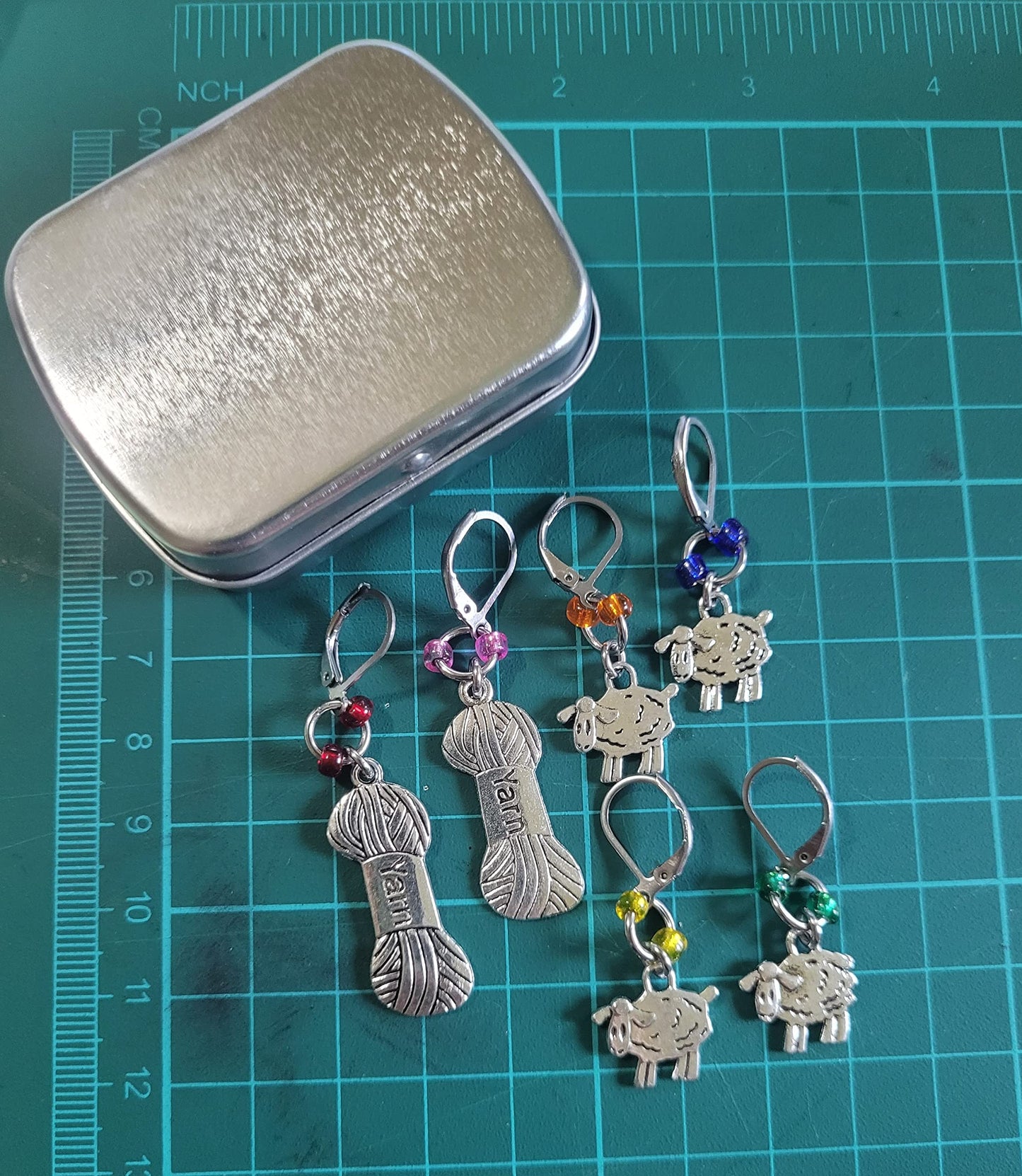 6 Removable Locking Stitch Markers for Knitting and Crocheting - Colourful Sheep and Yarn Charms - Set of 6 Progress Markers - Crochet Earrings by Morgan Curio